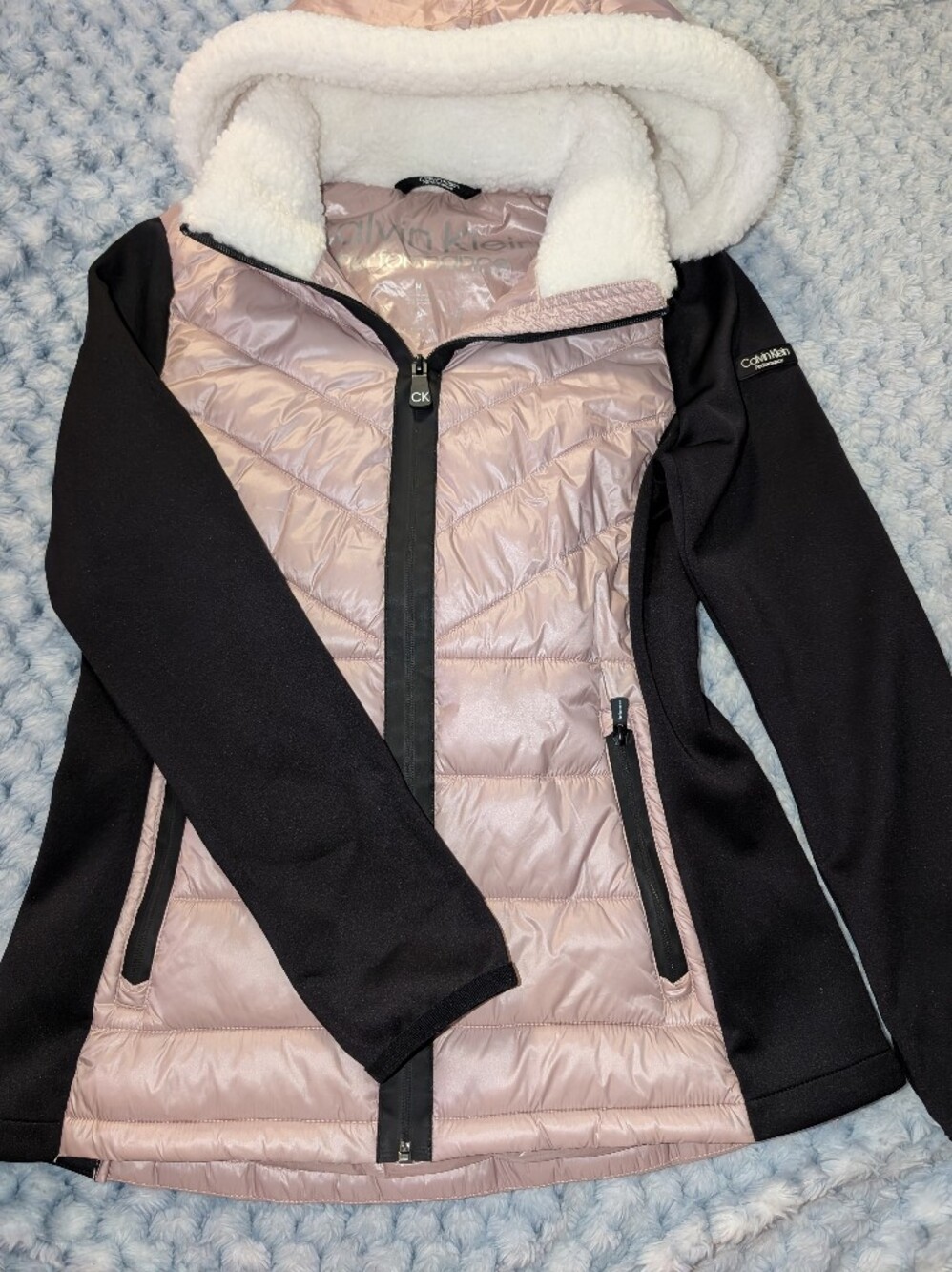 Calvin Klein Performance Sherpa Hooded Hybrid Jacket Blush Pink & Black Sz M